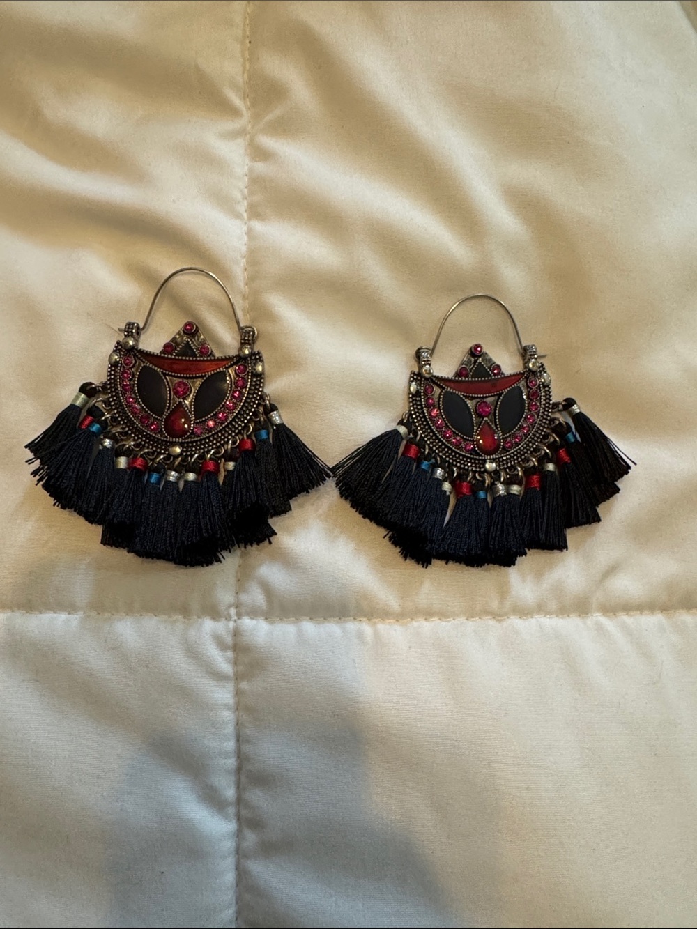 Free People Black Tassel Hoop Earrings with Red Accents